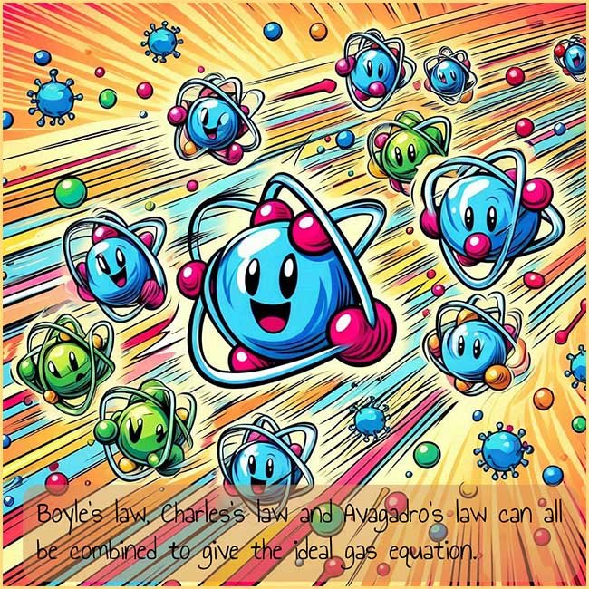 Cartoon style image to explian that Boyles's law, Charles's law and Avagadro's law can all be combined to give the ideal gas equation